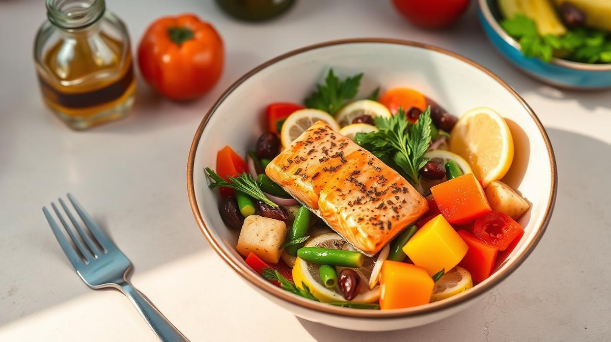 Colorful Mediterranean diet bowl with salmon and vegetables