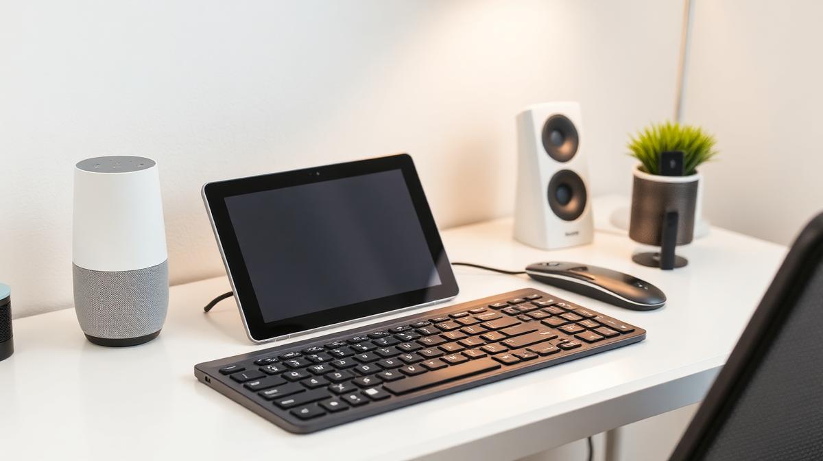 Smart home devices and assistive technology on a modern desk