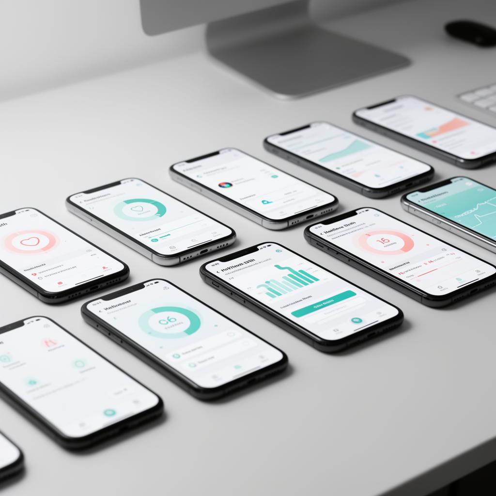 Multiple smartphone screens showing health tracking app interfaces on a desk, representing MS app comparison