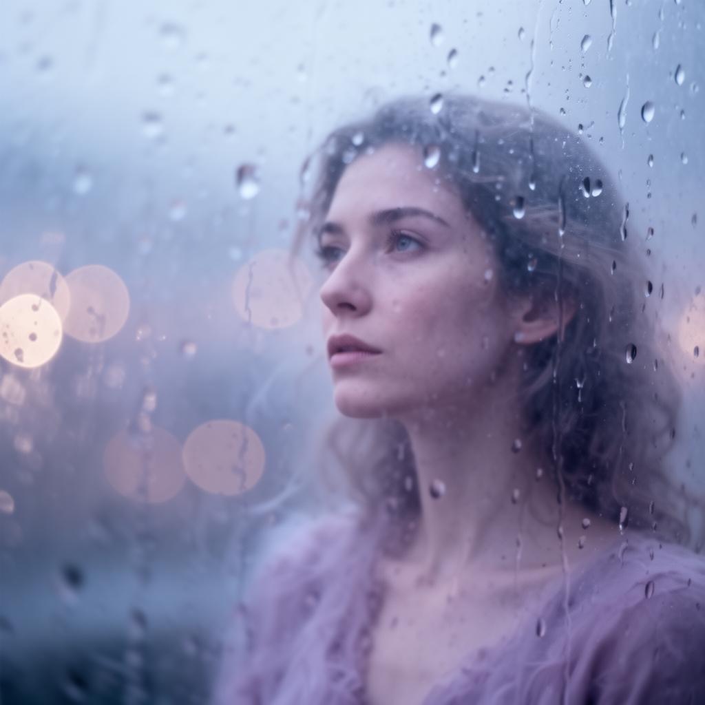 Woman gazing through a rain-streaked window, representing the experience of MS brain fog and cognitive fatigue