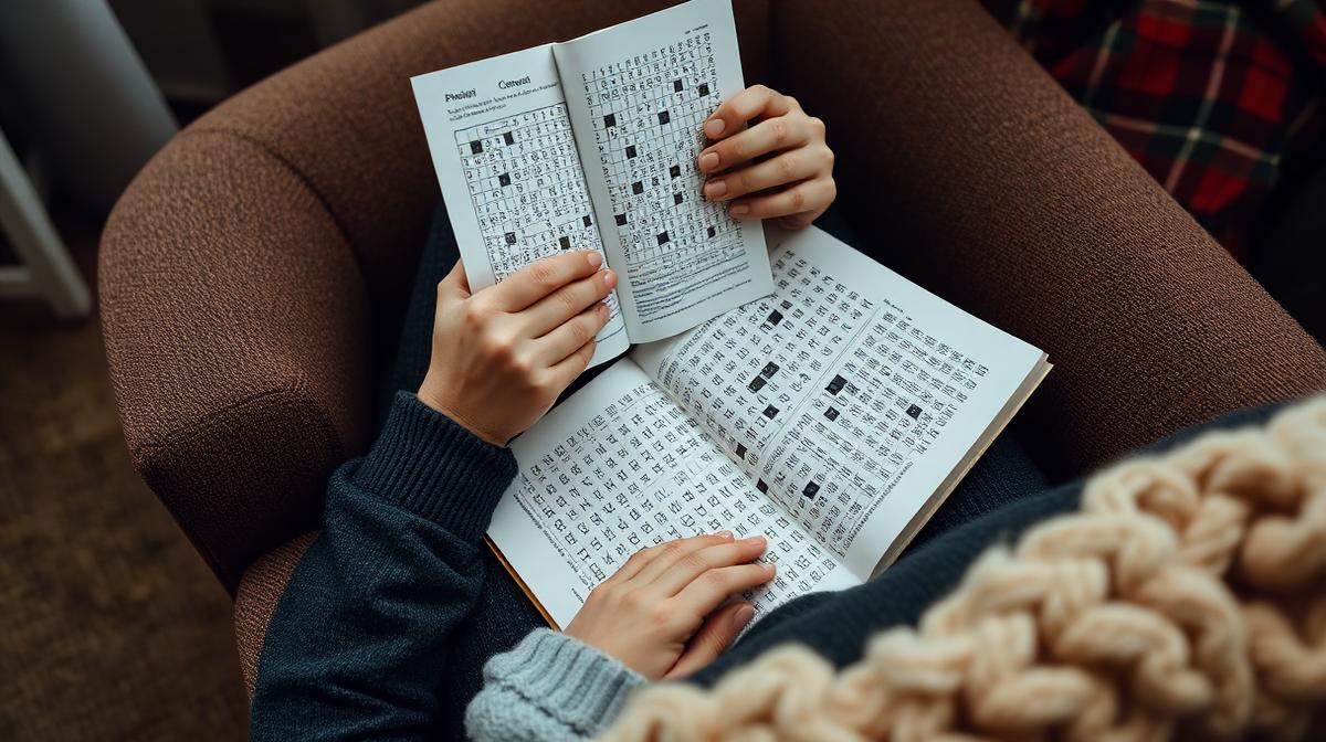Person doing crossword puzzles in a cozy chair, representing brain exercise
