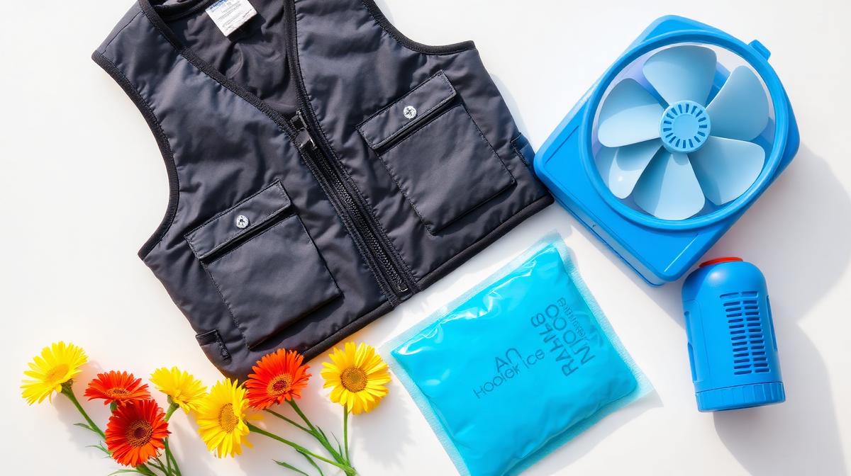 Cooling vest, ice pack, and portable fan arranged on a white surface with summer flowers
