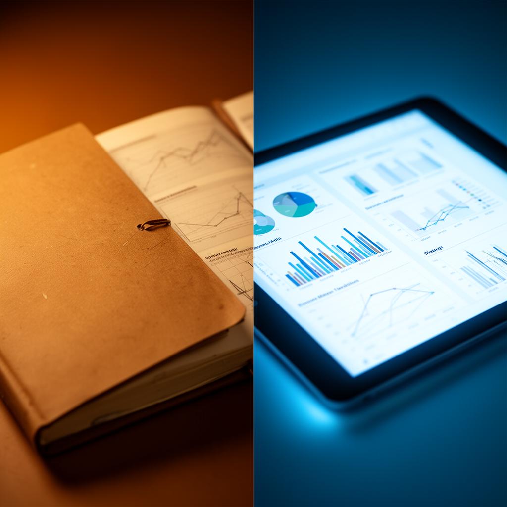 Split image showing paper journal and digital tablet with charts, representing analog vs digital MS tracking