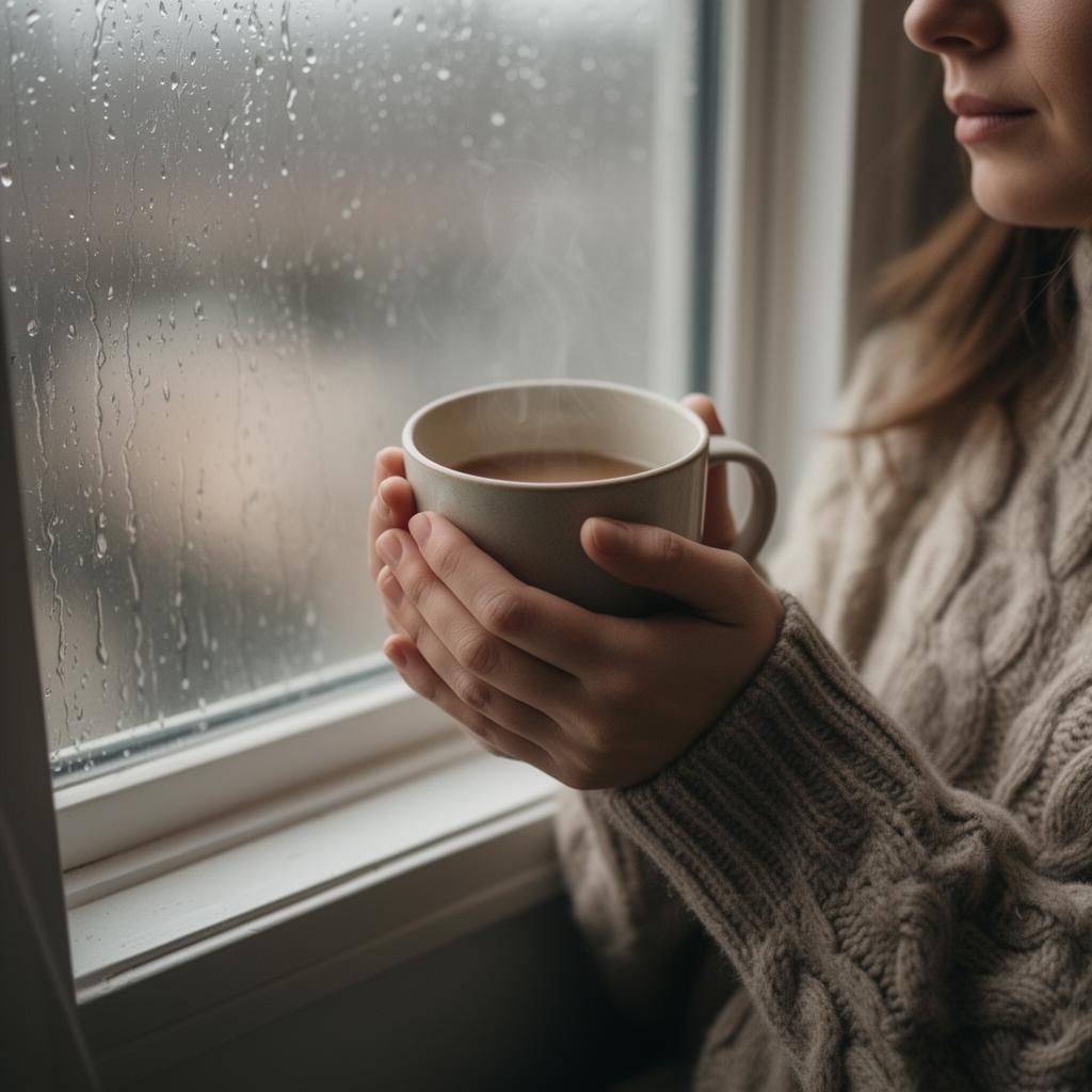 Woman's hands holding warm mug by rainy window, representing emotional self-care with MS