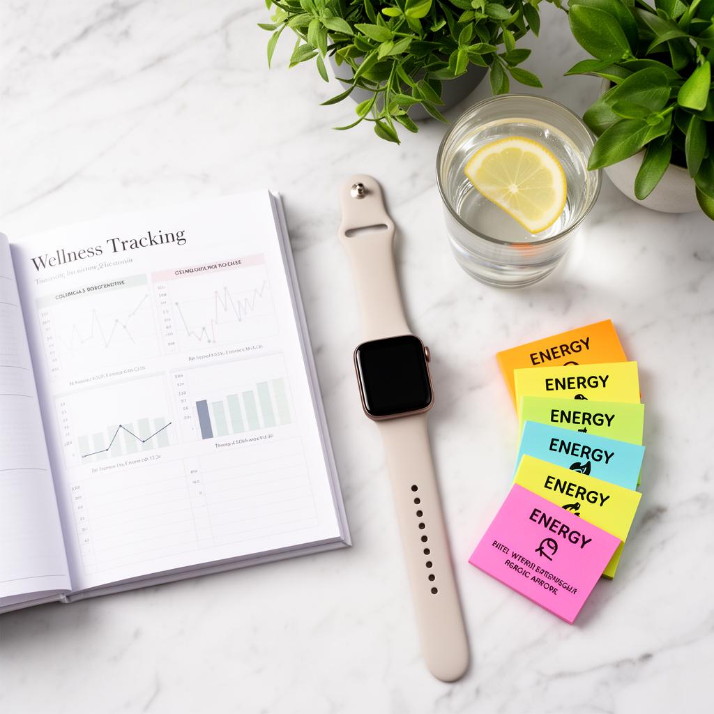 Flat lay of wellness tracking journal, smartwatch, and colorful energy rating cards on a marble surface