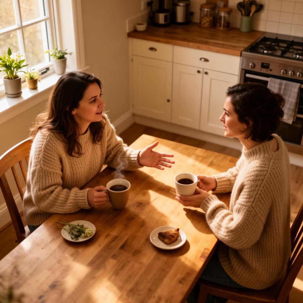 Two people having a warm conversation over coffee at a kitchen table, representing communication about MS