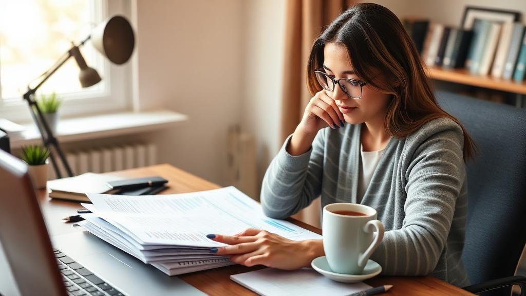Woman looking at financial documents, with a calculator and coffee
