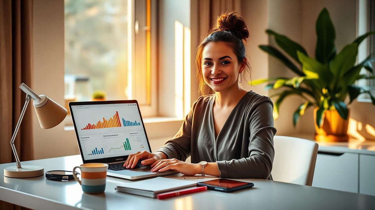 Woman founder working at a clean desk with data charts on screen, representing energy-aware decision making