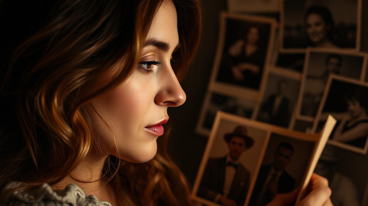 Woman looking at old photos with a bittersweet expression in warm light
