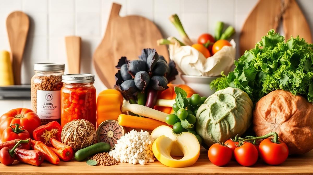 Fermented foods and fresh vegetables arranged on a kitchen counter