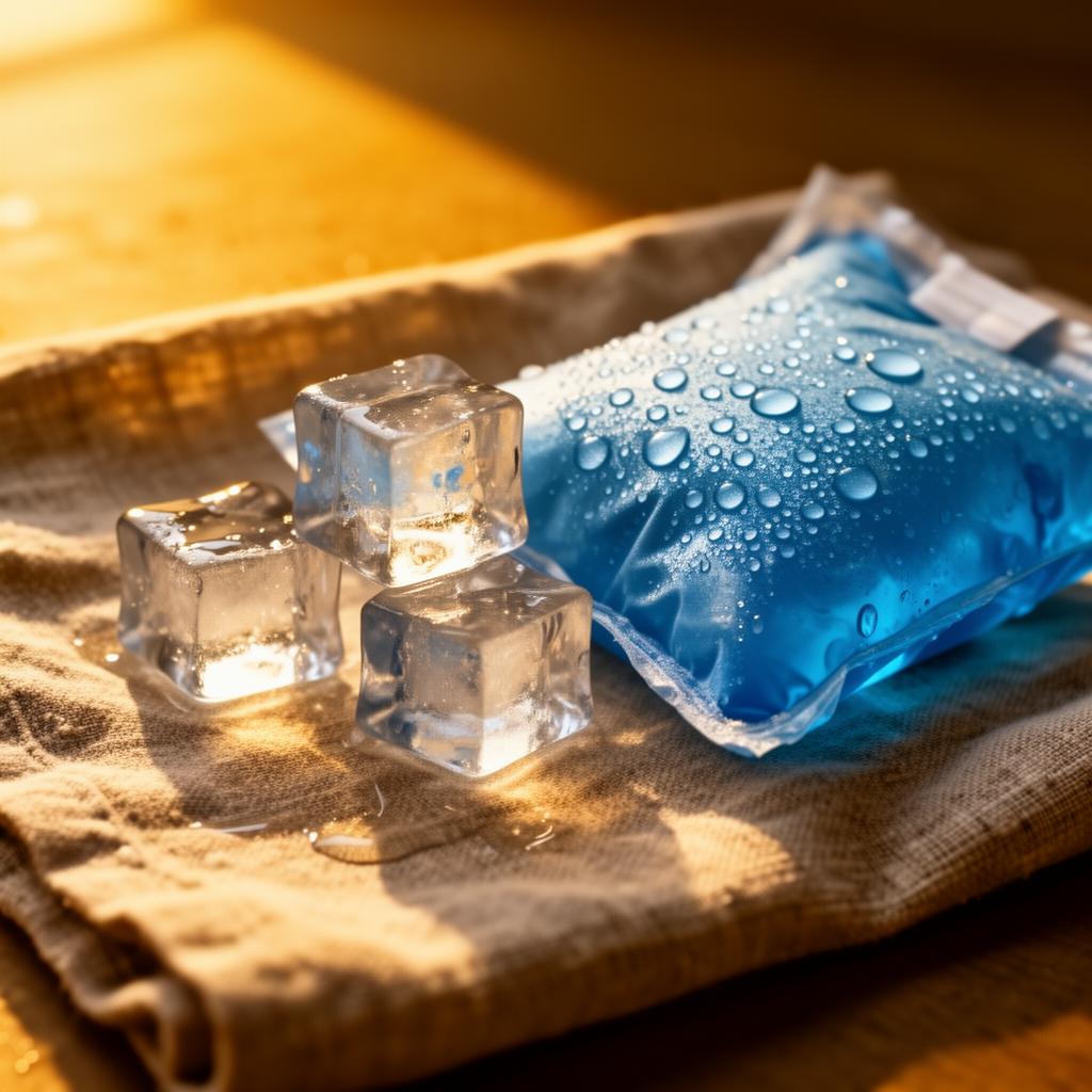 Ice cubes and cold compress on linen cloth in golden light, representing MS cooling strategies