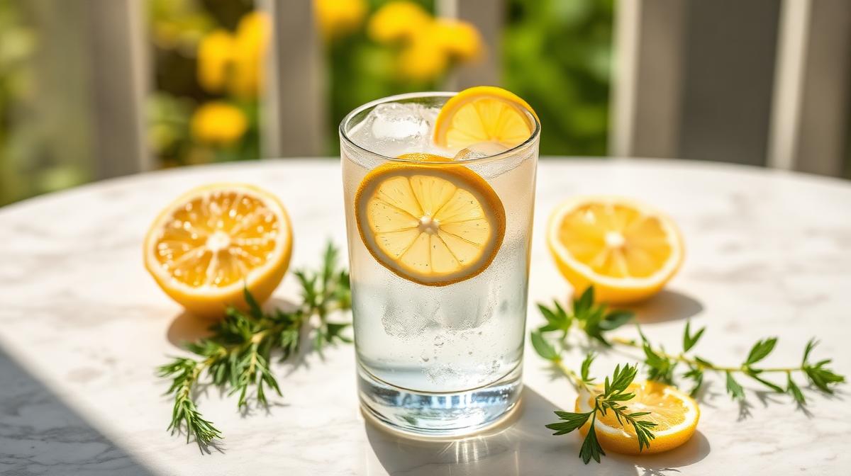 Glass of water with lemon slices on a bright sunny table