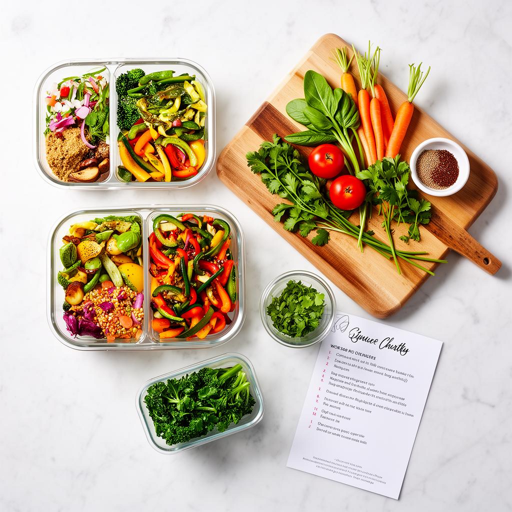 Colorful meal prep containers with healthy food and vegetables on a marble counter, representing efficient MS meal planning