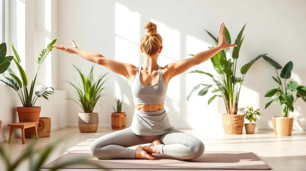 Woman practicing yoga peacefully in a bright room with plants