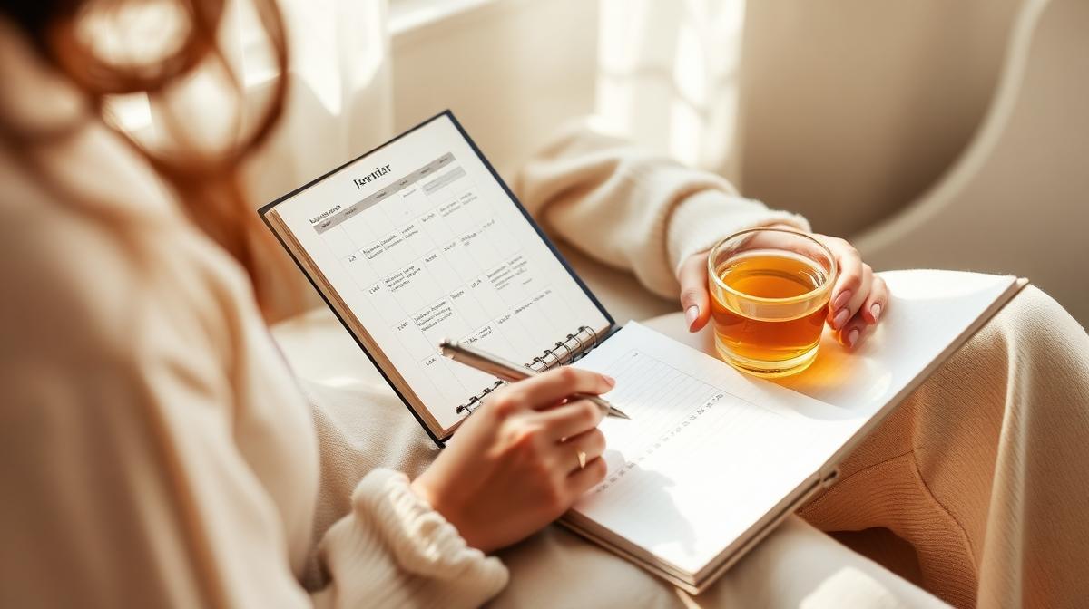 Woman journaling with a calendar and herbal tea, tracking her cycle and energy patterns
