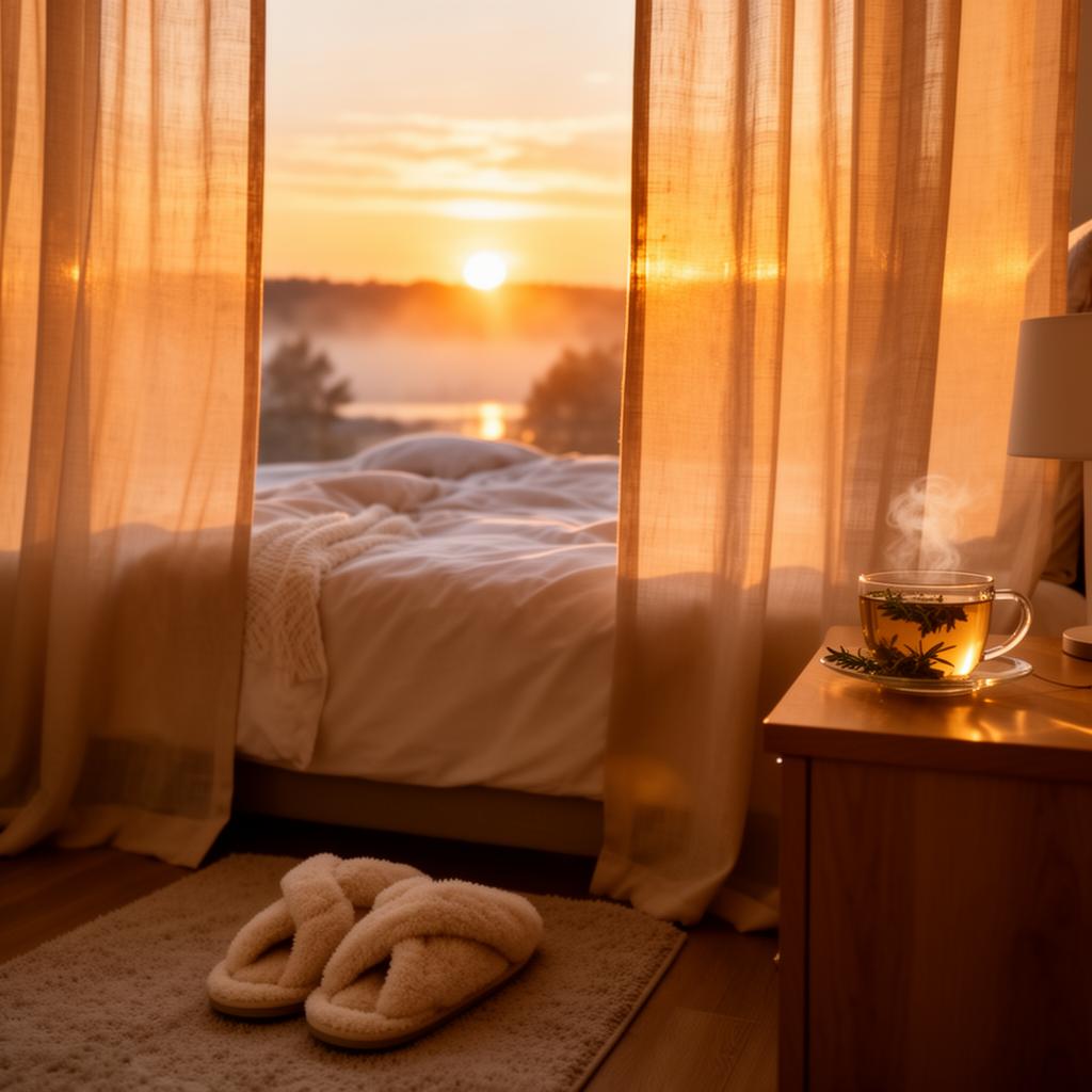 Peaceful sunrise through bedroom curtains with herbal tea on a nightstand, representing a gentle MS morning routine