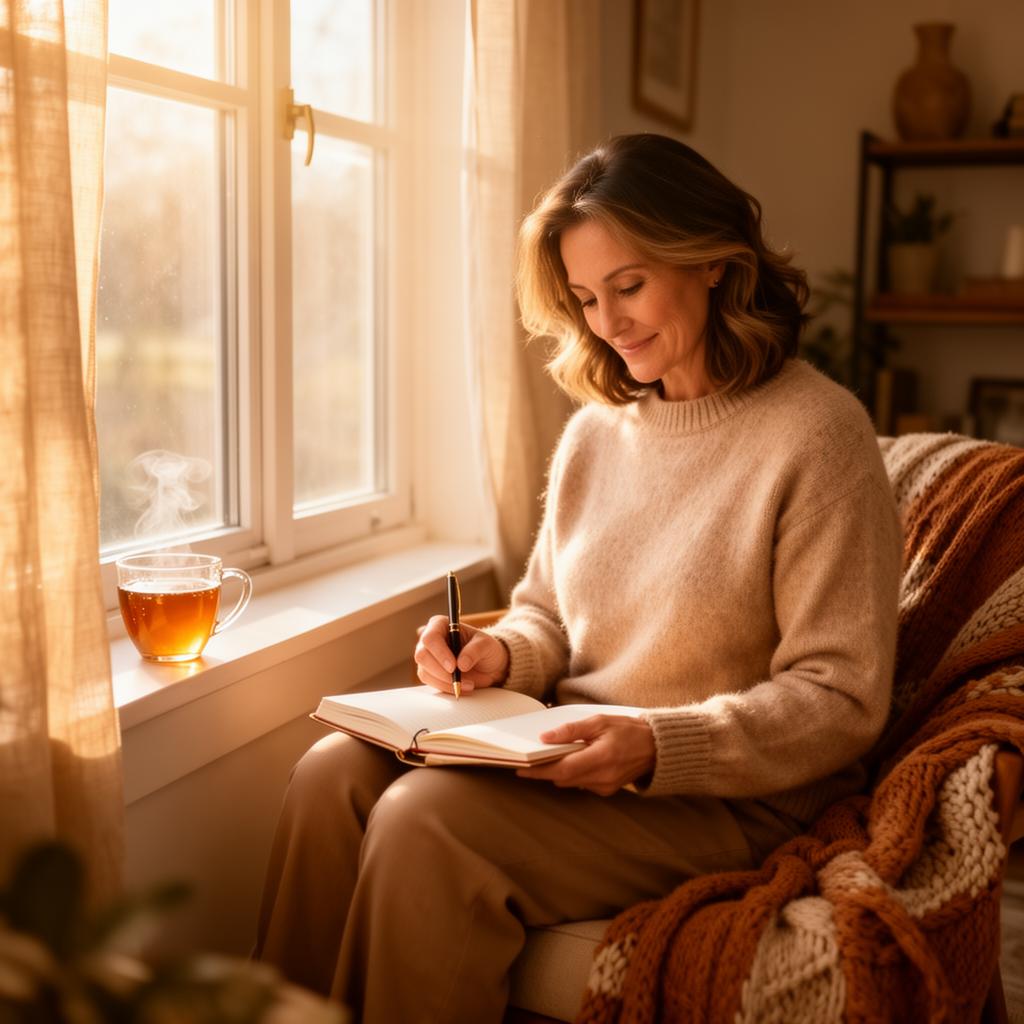 Woman journaling by a sunlit window with a cup of tea, representing mindful MS fatigue management