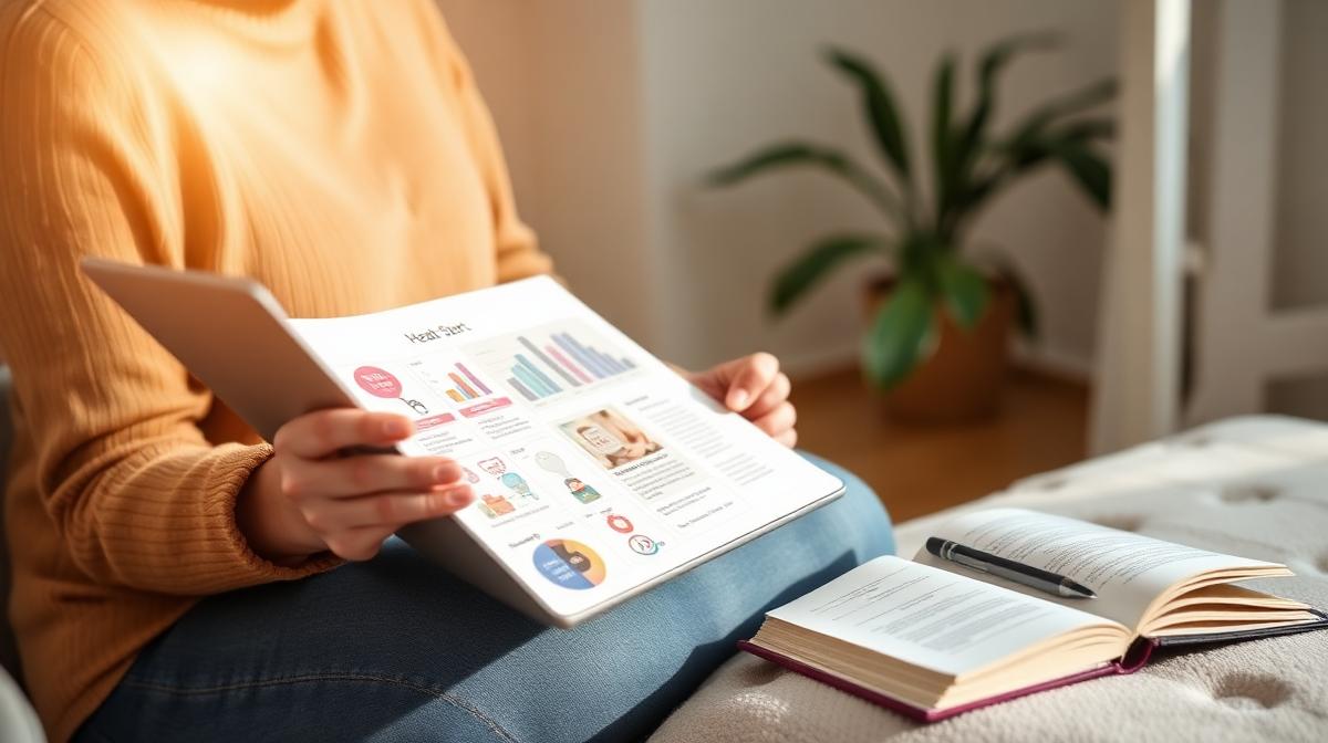 Woman reading health information on a tablet with a notebook beside her