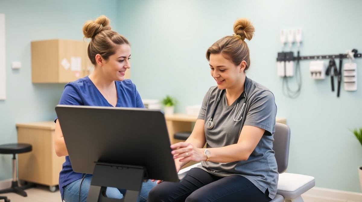 Occupational therapist working with a patient in a bright clinical setting