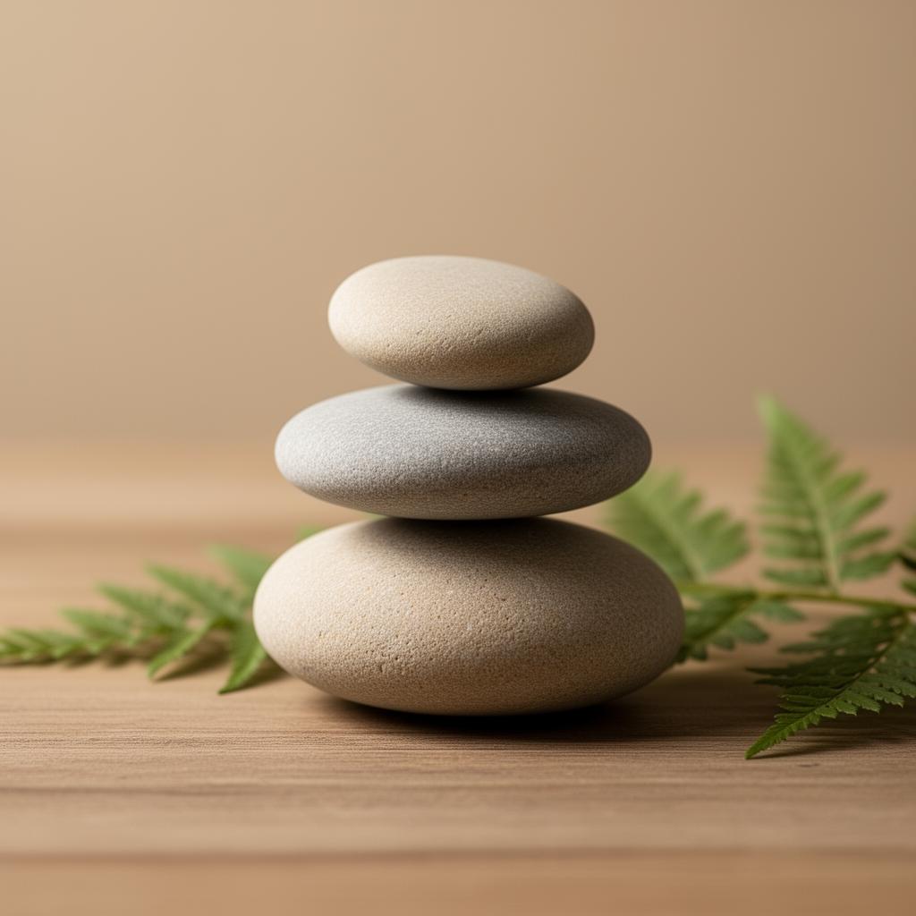 Balanced smooth stones stacked on a wooden surface with fern leaves, representing pacing and balance in MS management