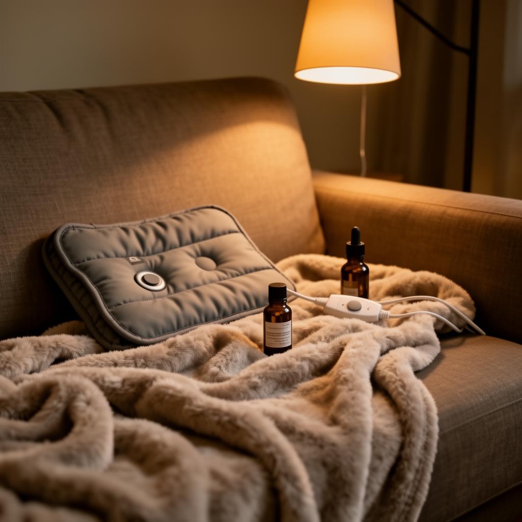 Heating pad, essential oils, and soft blanket in warm lamplight, representing MS pain management