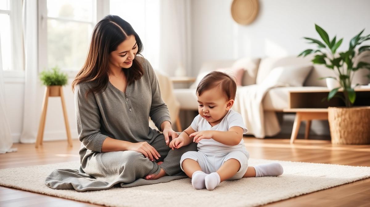 Mother sitting on the floor playing gently with her toddler in a bright living room