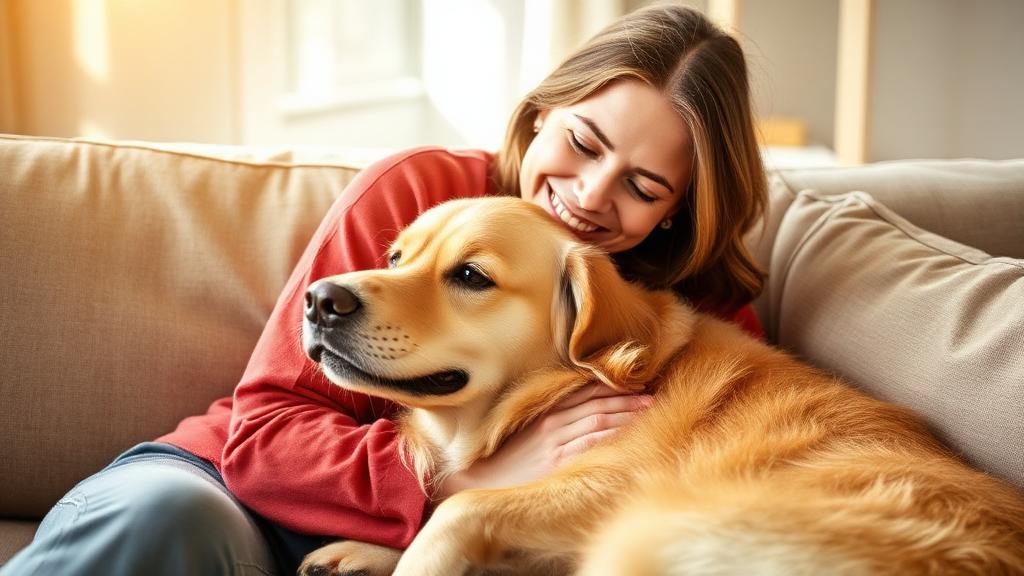 Woman with MS gently petting a comforting dog