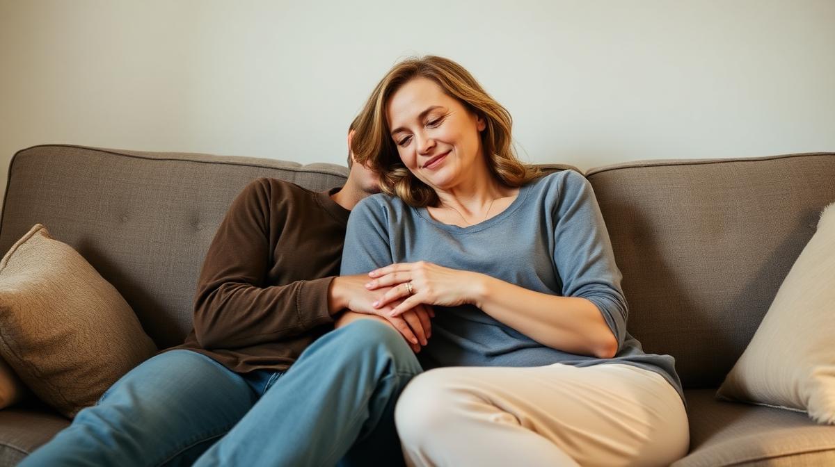 Couple sitting together supportively on a couch