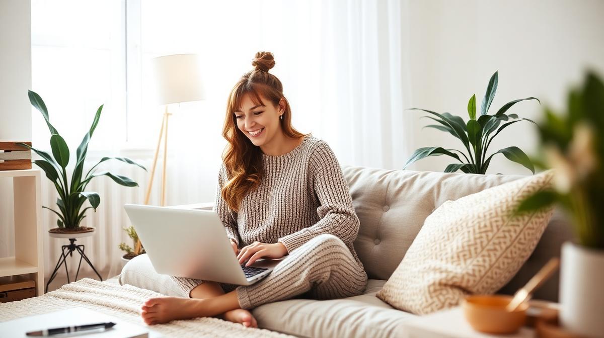 Woman working comfortably from home on a laptop in cozy loungewear
