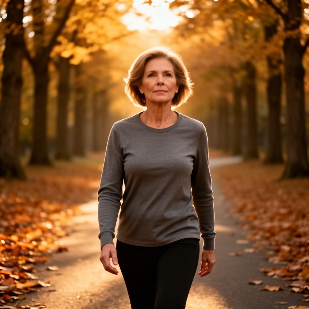 Confident woman walking on a tree-lined autumn path in golden light, representing resilience in midlife with MS