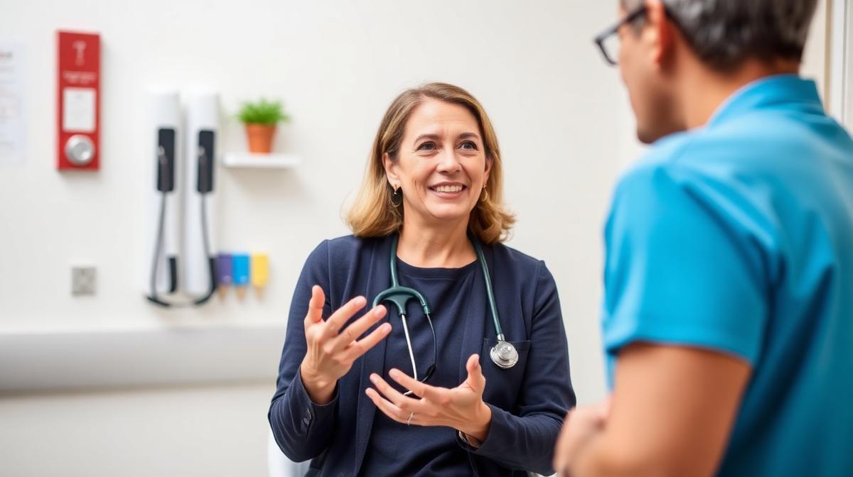 Woman confidently talking to a doctor in a medical office setting
