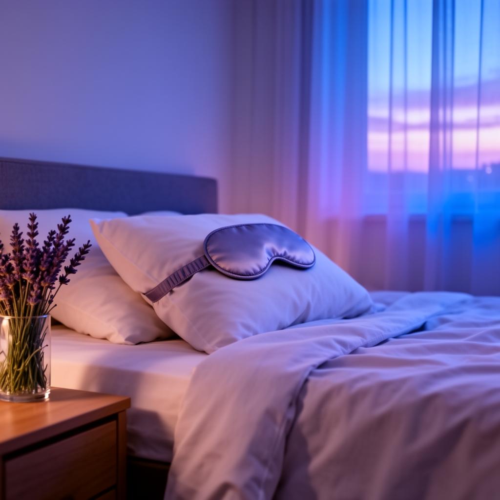 Serene bedroom at twilight with sleep mask on pillow and lavender on nightstand, representing quality rest