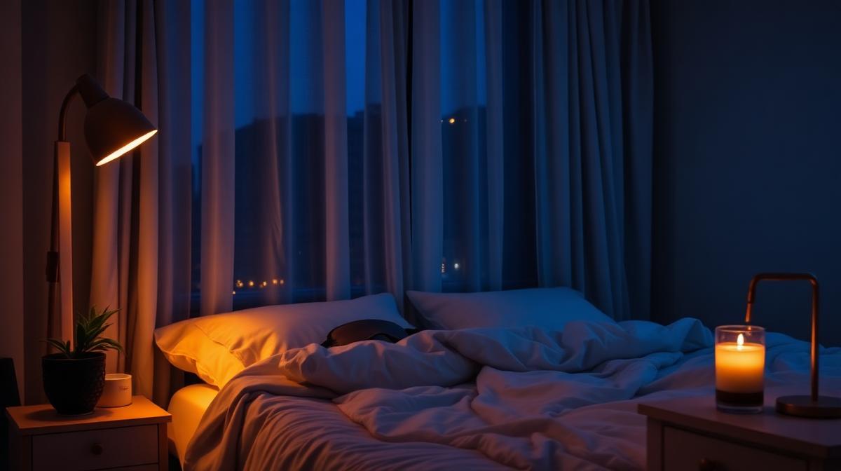 Cozy bedroom at night with dim warm lighting and calming atmosphere