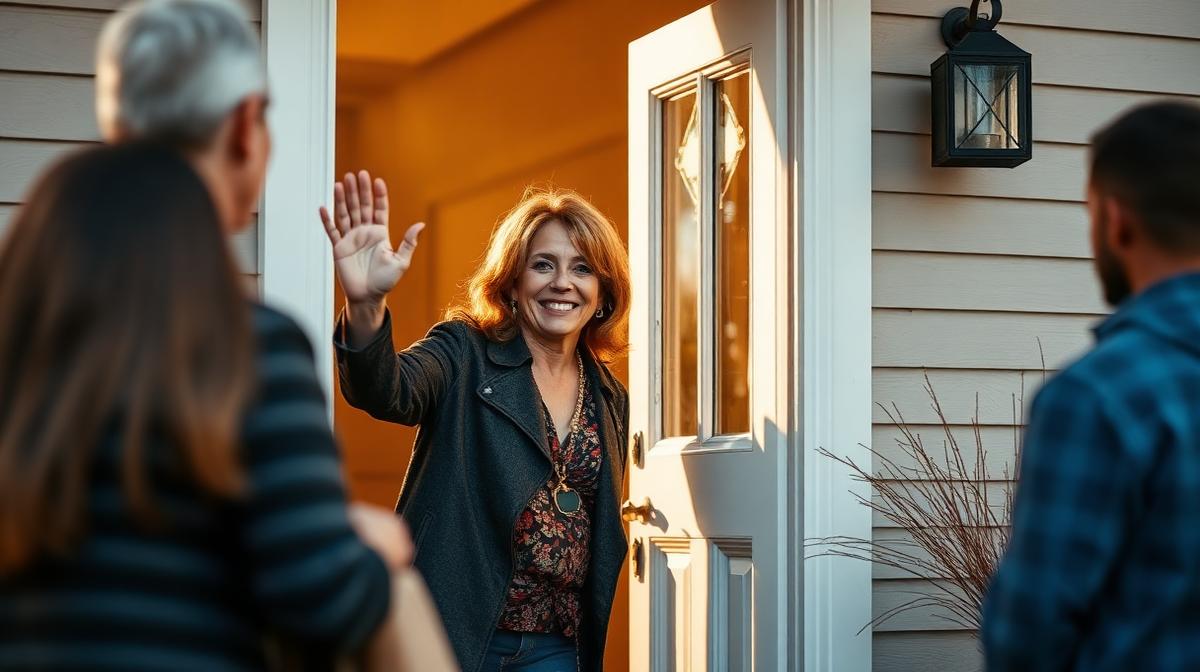 Woman waving goodbye to friends from her doorstep with a warm smile