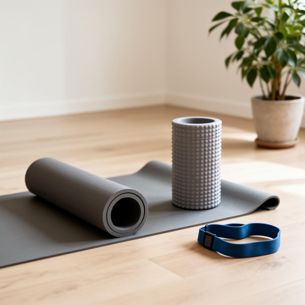 Yoga mat, foam roller, and resistance band on wooden floor, representing gentle movement for MS spasticity