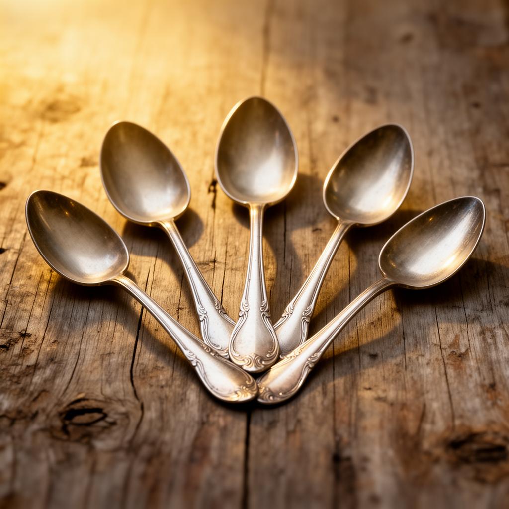 Vintage silver spoons arranged in a fan pattern on weathered wood, representing spoon theory and energy concepts