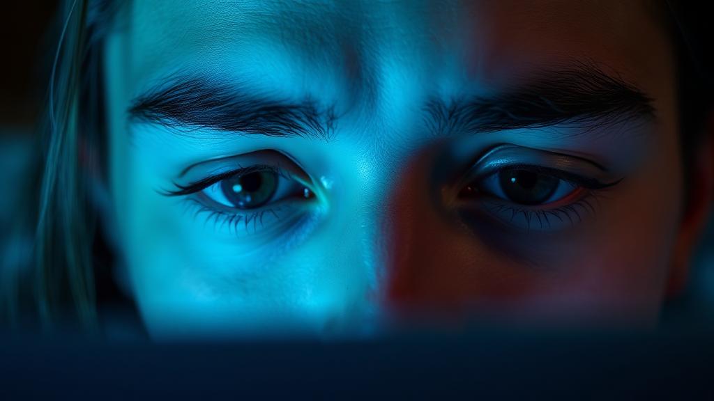 Woman looking tired at a laptop screen in a dimly lit room