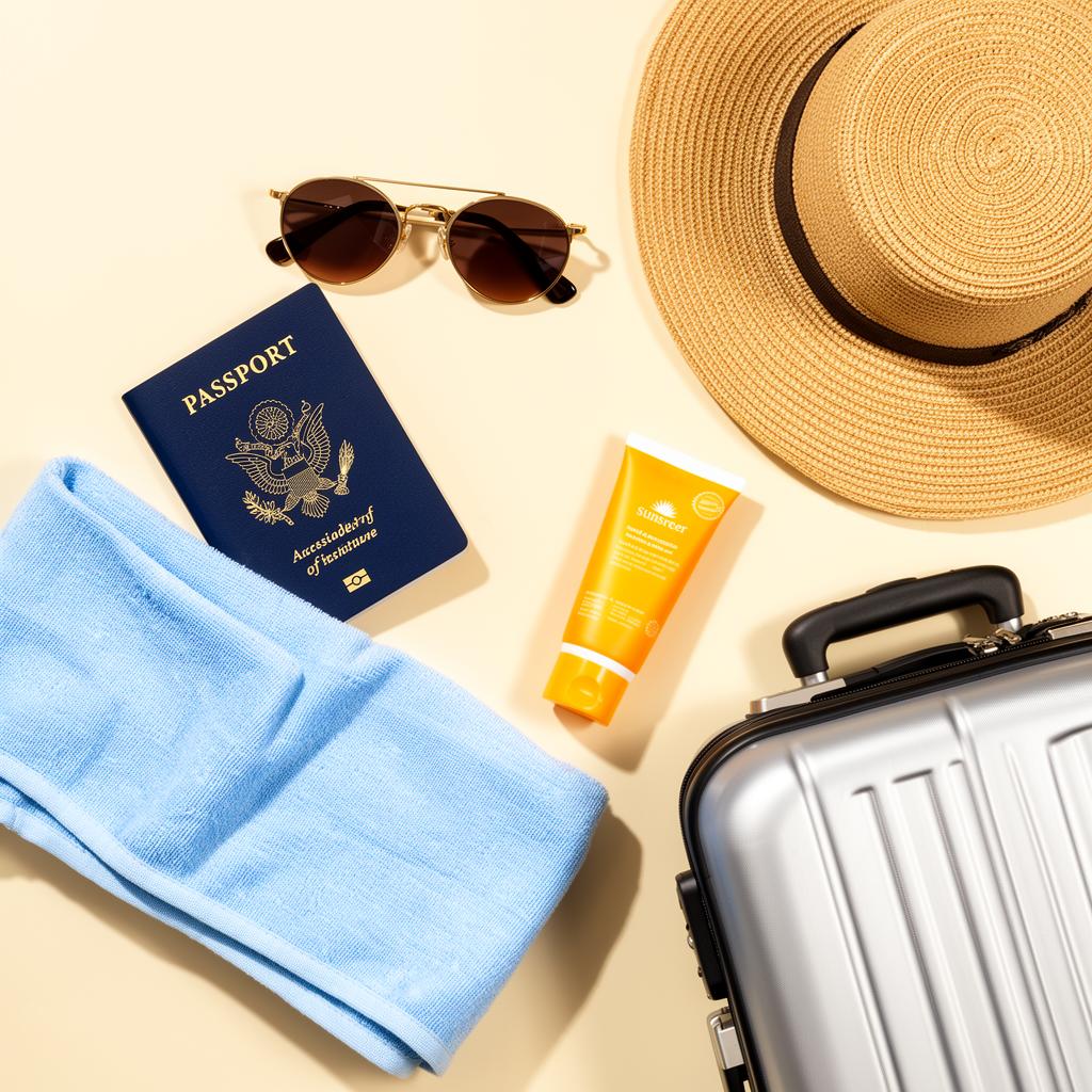 Travel flat lay with passport, sunglasses, sun hat, sunscreen, and suitcase, representing accessible MS travel planning