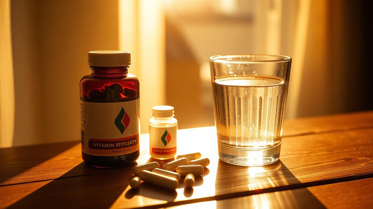 Vitamin supplements and a glass of water in golden sunlight, representing vitamin D supplementation