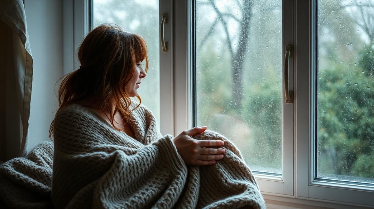 Woman wrapped in a blanket looking out at rainy weather, representing weather-related MS fatigue