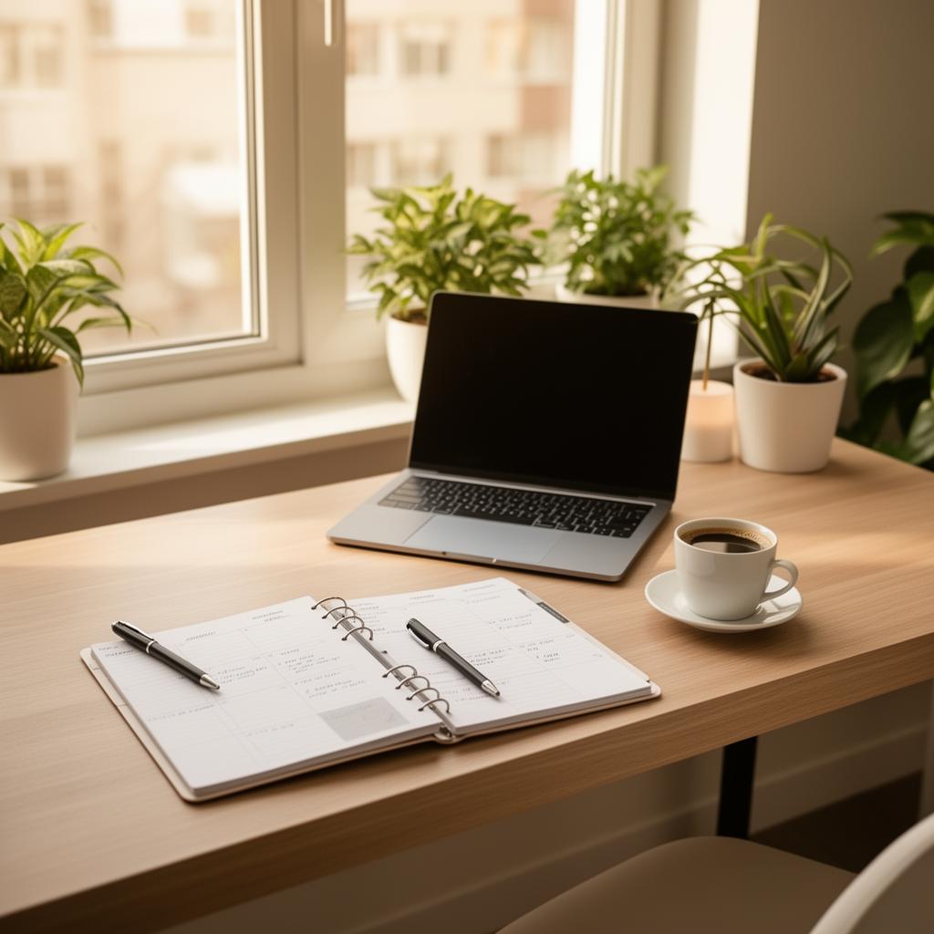 Modern home office with laptop, planner, and coffee on a wooden desk by a window, representing career management with MS