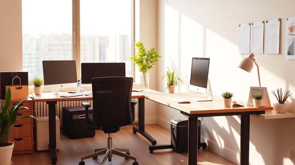 Modern ergonomic office workspace with standing desk and natural light